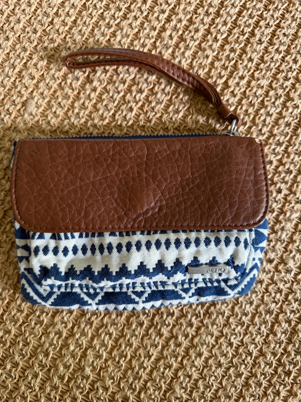 Brown Leather-Trim & Navy Pattern Wristlet